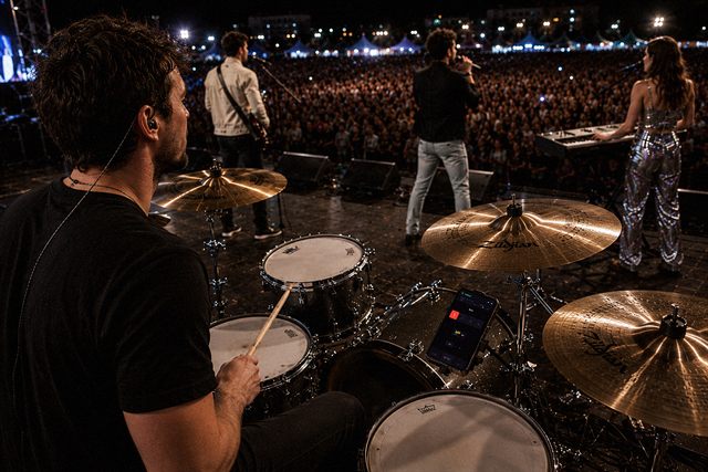 A drummer at a night festival, InBeat mounted on his kit in dark theme