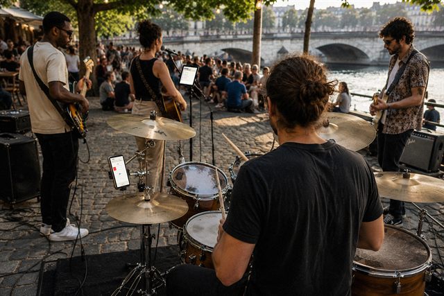 A band busking in daylight, InBeat mounted on the kit in light theme