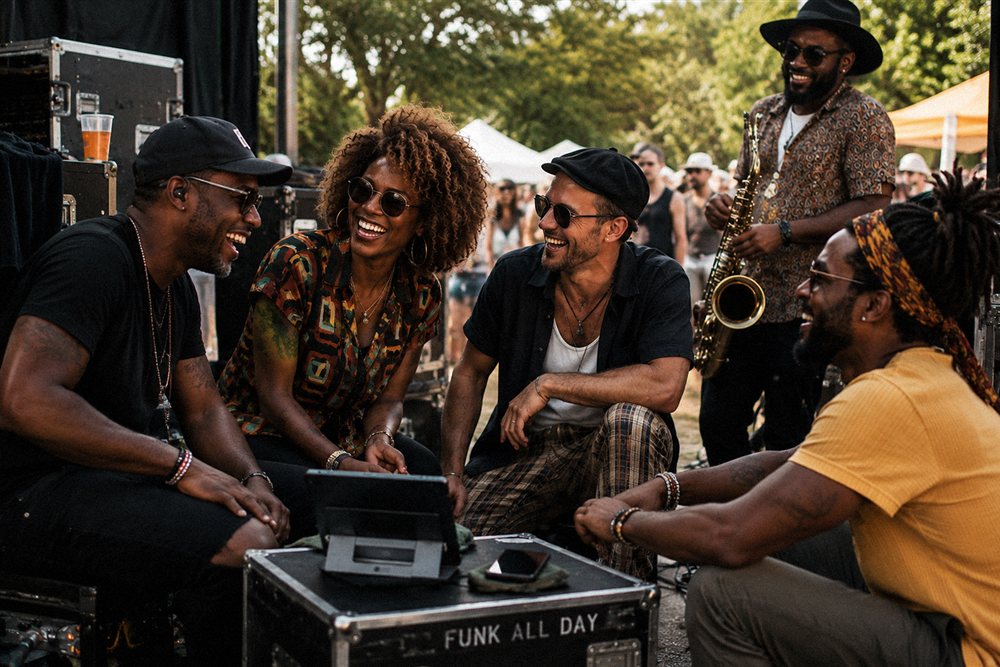 A group of musicians laughing together backstage at a festival
