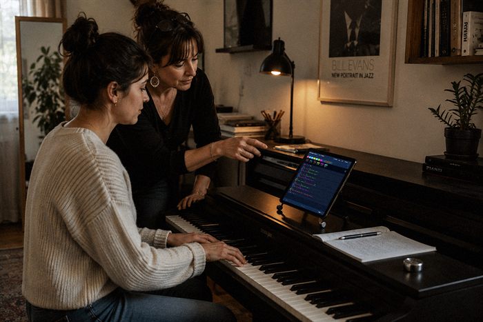 A duo at the piano, GigFlow Live on a stand beside the keyboard