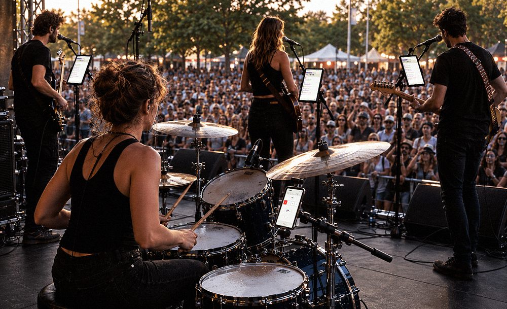 A full band at a festival, GigFlow Live on three mic stands and InBeat on the drum kit