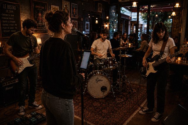 A band playing a bistro gig at night, GigFlow Live mounted on mic stands in dark theme