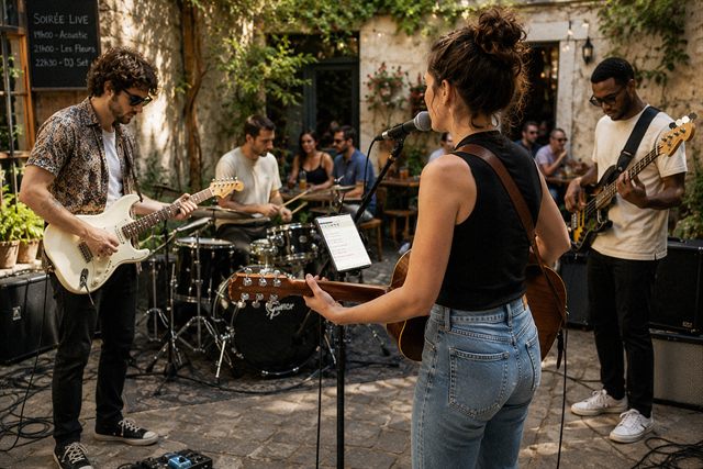 A band playing a daytime terrace gig, GigFlow Live mounted on mic stands in light theme