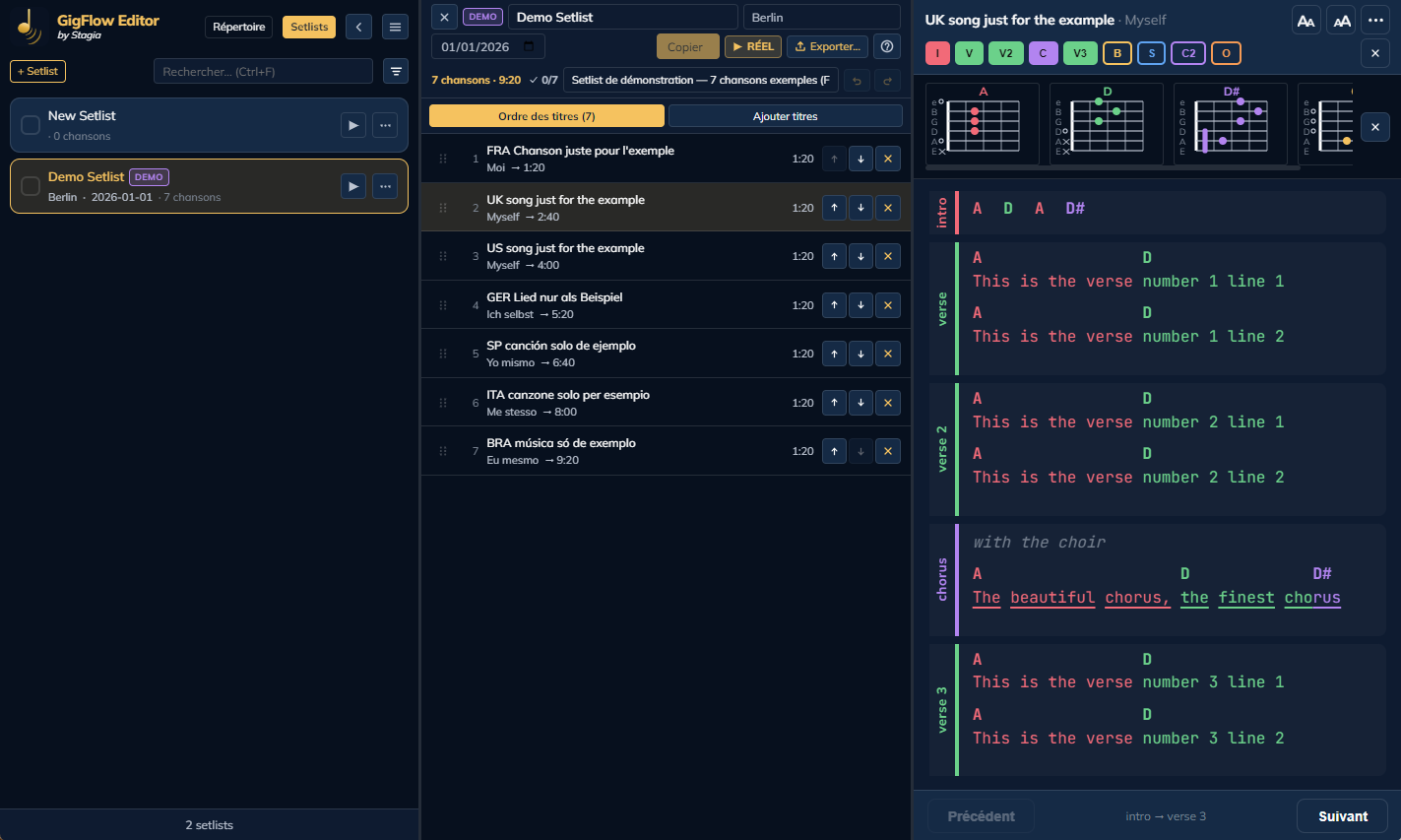 Editing a setlist in GigFlow Editor — song order, preview and chords
