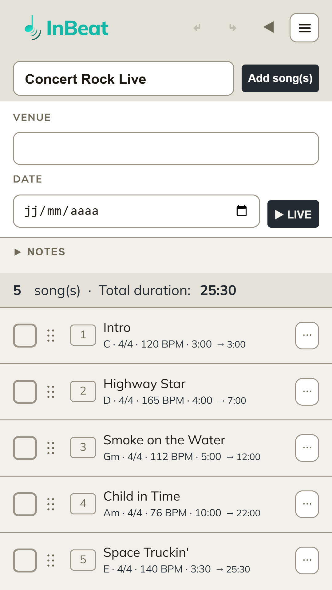 InBeat — Editing a setlist