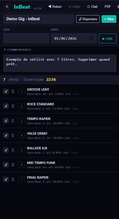InBeat — Édition de setlist